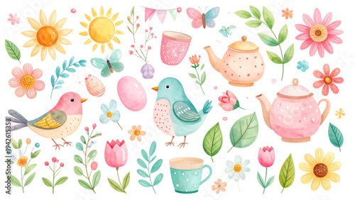 Colorful spring elements vector set with birds flowers teapot cups sun leaves butterflies and decorative nature icons isolated on white background