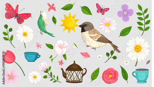 Colorful spring elements vector set with birds flowers teapot cups sun leaves butterflies and decorative nature icons isolated on white background