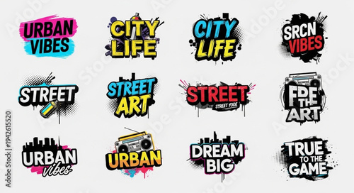 Collection of urban-themed graffiti designs with vibrant colors and bold typography.
