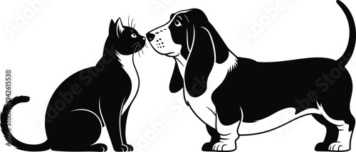 Dog and cat silhouette vector illustration, cute domestic pet friends facing each other, black animal clipart isolated for logo, veterinary branding, pet shop, and designPrint