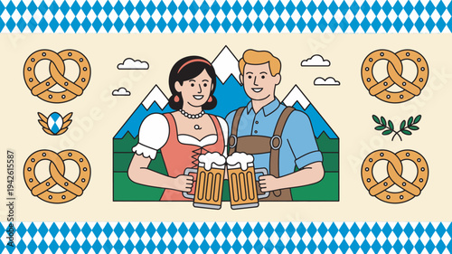 A cartoon illustration of a happy couple in traditional German clothing enjoying beer and pretzels in a mountainous setting.
