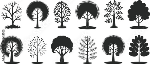Set of black tree silhouettes and vector icons featuring various shapes like oak pine maple and deciduous for nature design
