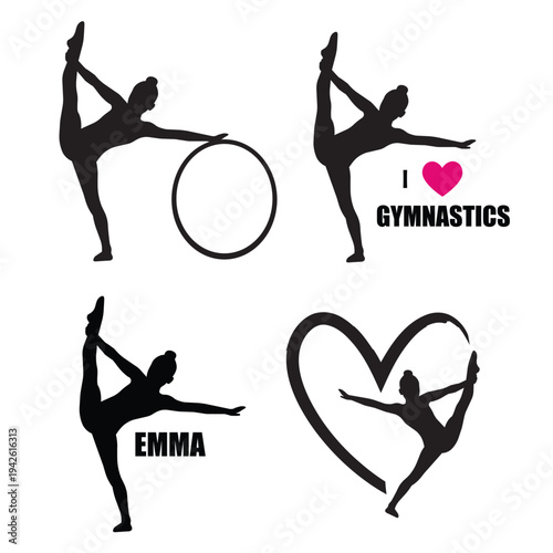 Gymnast silhouette collection. I love rhythmic gymnastics. Young gymnast. Flexibility and balance. Vector illustration