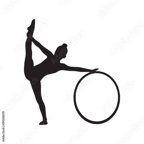 Silhouette of rhythmic gymnast performing with a hoop, flexibility and balance. Gymnastic logo. Vector illustration