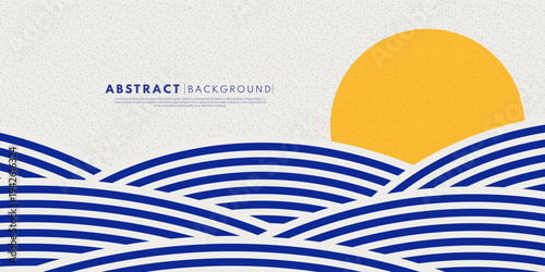 Abstract minimalist illustration of a sunset over the ocean blue line pattern inspired by traditional Japanese Seigaiha wave motifs.