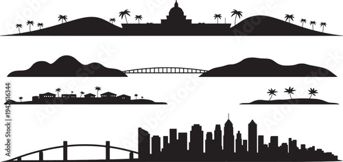 Black silhouette collection featuring government domes islands bridges villages and skyscrapers