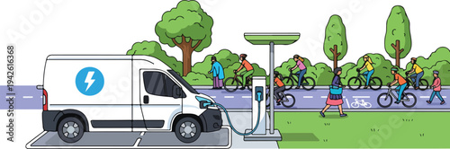 Electric van charges at station near cyclists on sidewalk in city
