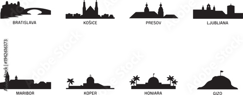 Black tropical hilly landscape silhouette vector design with palm trees isolated on transparent background.