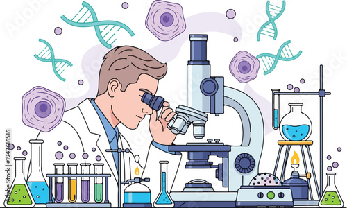 Scientist examines DNA samples closely via microscope in laboratory setting with various equipment