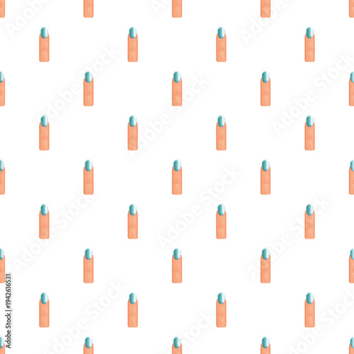 Fingernail with blue polish creating a seamless pattern on white background