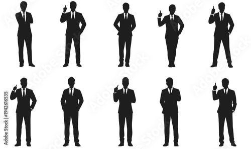 Set of ten black silhouette vector illustrations of businessman in suit with various confident poses and gestures isolated on white background for professional concept design
