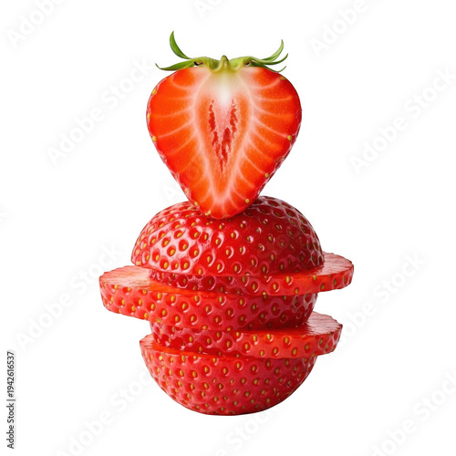 Three strawberries stacked to form a heart shape on a plain background isolated on white background