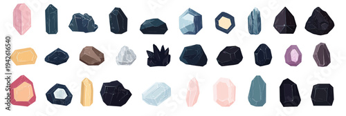 Collection of various colorful gemstone and crystal icons in flat minimalist vector style including quartz, obsidian, tourmaline, and blue crystals with rough and polished shapes