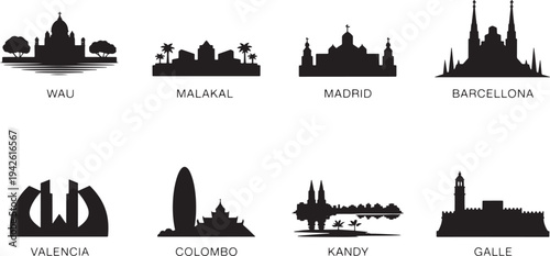 Collection of eight world famous city landmarks and architectural monuments silhouettes with location names