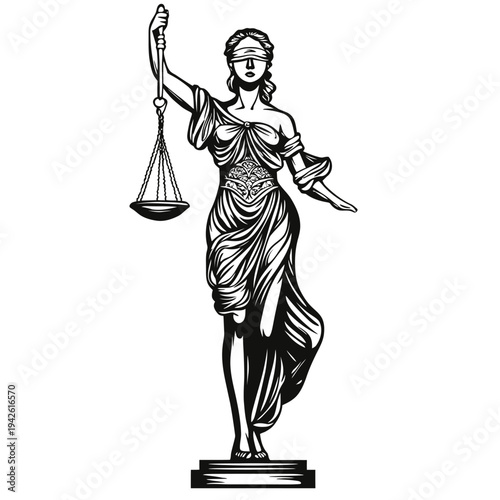 Detailed black and white vector illustration of Lady Justice holding scales blindfolded wearing flowing robe standing on pedestal symbolizing law fairness and equality in classic style