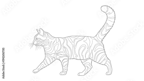 Cat Profile in Monochrome: A sleek, detailed monochrome illustration showcases a domestic cat in a graceful walking pose, capturing the elegance and natural poise of the feline form.