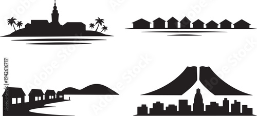 Collection of four tropical island paradise travel destination silhouettes with scenic landscapes and architecture