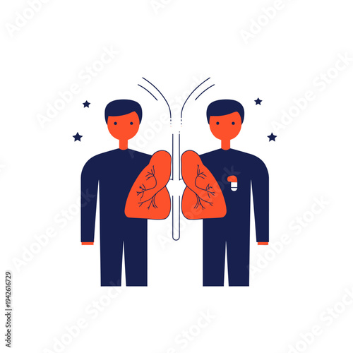 Two human figures facing front with stylized large red lungs and trachea between them, minimal flat vector medical illustration concept for respiratory health awareness