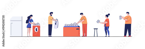 Volunteers Sorting Money Donation Coins Banknotes Charity Fundraising Support People Giving Generous Flat Vector Illustration