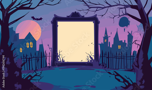 Spooky Haunted Village Night Scene with Empty Gothic Frame, Bare Trees, Flying Bat, Full Moon, and Silhouetted Old Buildings Vector Illustration