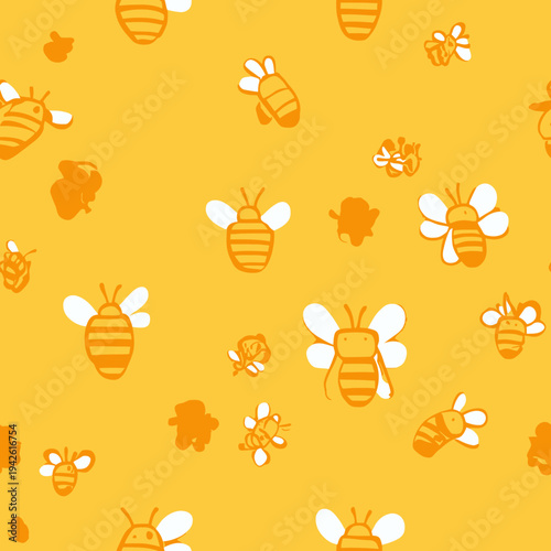 Seamless honey bee pattern with cartoon bees and honeycomb shapes in minimalist flat vector style on yellow background for packaging and textile design