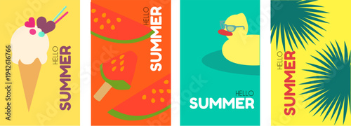 Hello, Summer! Tropical vacation design template set. Minimal shapes