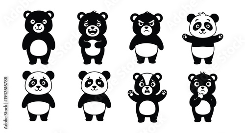 Collection of adorable cartoon bears in black and white illustrations