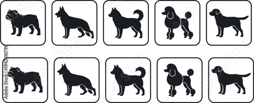 Various Dog Breeds Silhouette Icons Set Including Bulldog German Shepherd Husky Poodle and Labrador