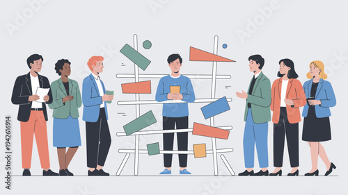 A diverse group of business professionals standing in front of a colorful collaboration board with sticky notes and flags