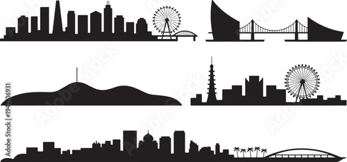 Dynamic city skyline silhouette, amusement park cityscape and mountain landmark outline set