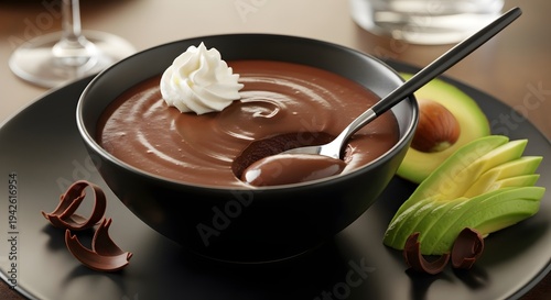 A rich chocolate pudding in a black bowl topped with whipped cream and a spoon served with sliced avocado on a black plate with chocolate shavings and a glass in the background for