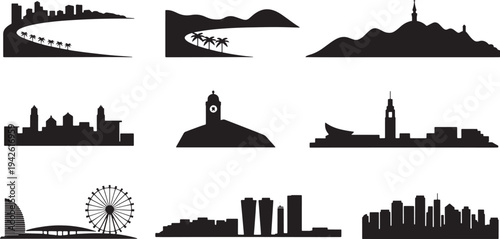 Generic black coastline city silhouette vector illustration with palm trees isolated on transparent background.