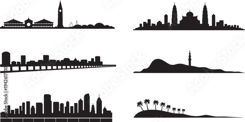 Group of six diverse international city skylines and tropical island silhouettes with features