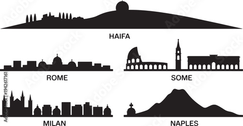 Haifa israel landmark silhouette, rome italy cityscape, milan skyline, naples silhouette set