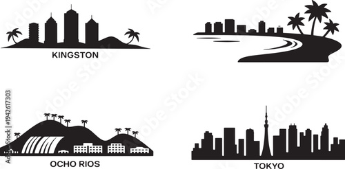 Kingston jamaica skyline silhouette vector illustration famous cityscape landmarks urban background
