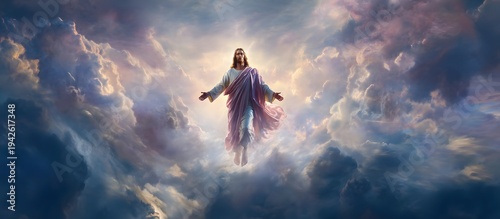 The resurrected Jesus Christ ascending to heaven above the bright light sky and clouds