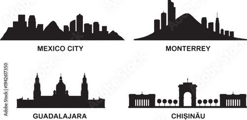 Mexico City Guadalajara and Monterrey skylines plus Chisinau iconic landmarks silhouette vector