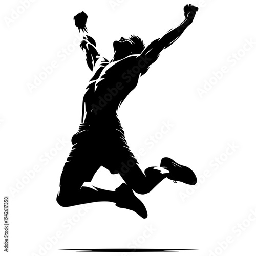 Silhouette of Victory: A muscular man leaps for joy, arms raised in a triumphant silhouette, embodying strength, achievement, and the thrill of winning.