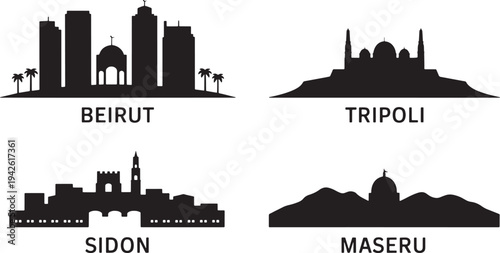Labeled silhouettes of Beirut Tripoli Sidon and Maseru featuring distinct urban profiles and landmarks