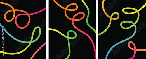 Neon colorful glowing lines on black background triptych art