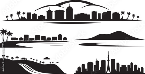 Modern city skyline silhouette, tropical city skyline and mountain landscape background set