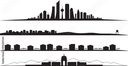 Modern city skyline with diverse buildings and futuristic towers on a plain background