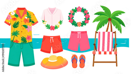 Summer Vacation Outfit Collection with Hawaiian Shirt Shorts Flip Flops and Floral Wreath Vector Illustration Set for Beach Holiday Design