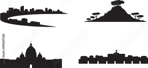 Monaco and Vatican city silhouettes set depicting Monte Carlo La Condamine and Saint Peter square