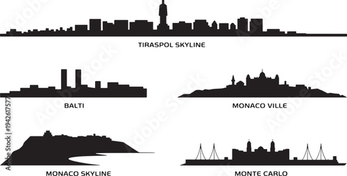 Monaco skyline silhouette collection vector city landscape with monte carlo and balti labels