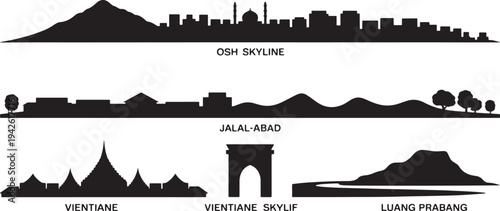 Osh Jalalabad Vientiane Luang Prabang skylines silhouettes diverse city and landscape