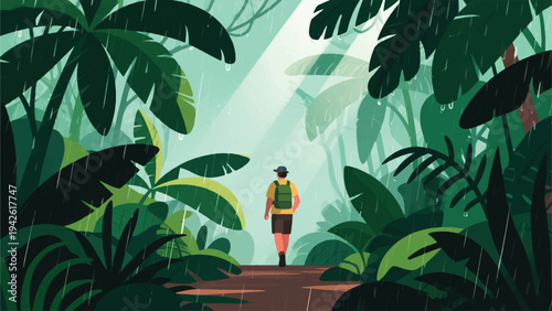 Illustration Of An Adventurer Walking In A Dense Tropical Rainforest Vector Design Template