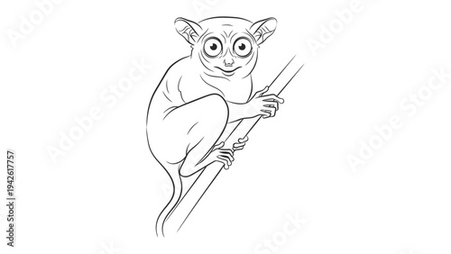 Line Art Tarsier Portrait: A delicate line art depicts a tarsier, its wide eyes and petite frame rendered with intricate detail, clinging to a slender branch.