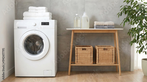 Modern laundry room interior with white washing machine towels and baskets for household mockup