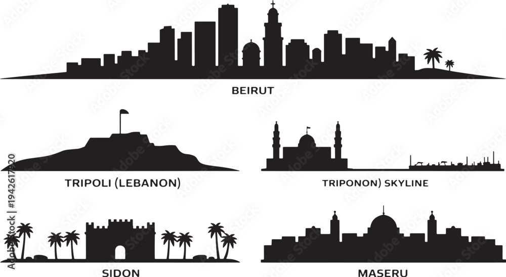 Fototapeta premium Set of middle eastern and african city skylines including beirut tripoli sidon and maseru